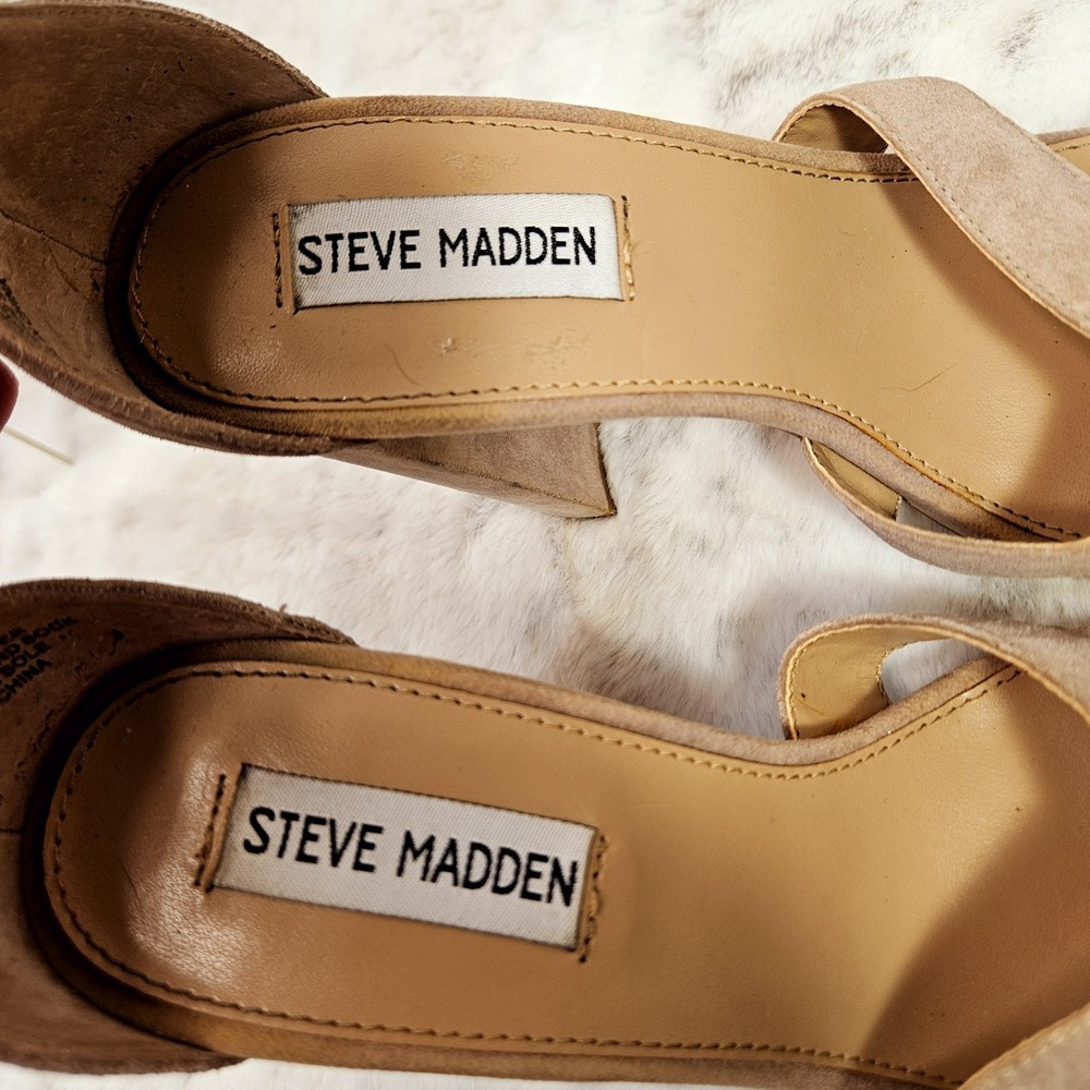 Steve Madden Suede Tan Heels 7M Sarall Open Toes Ankle Straps Office Core Date‎ - Picture 8 of 13